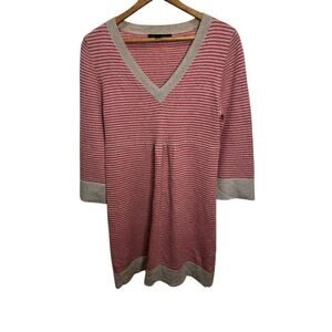 Boden 100% Cashmere Dress Sweater V-Neck Shift Red and Gray Striped Women's 12